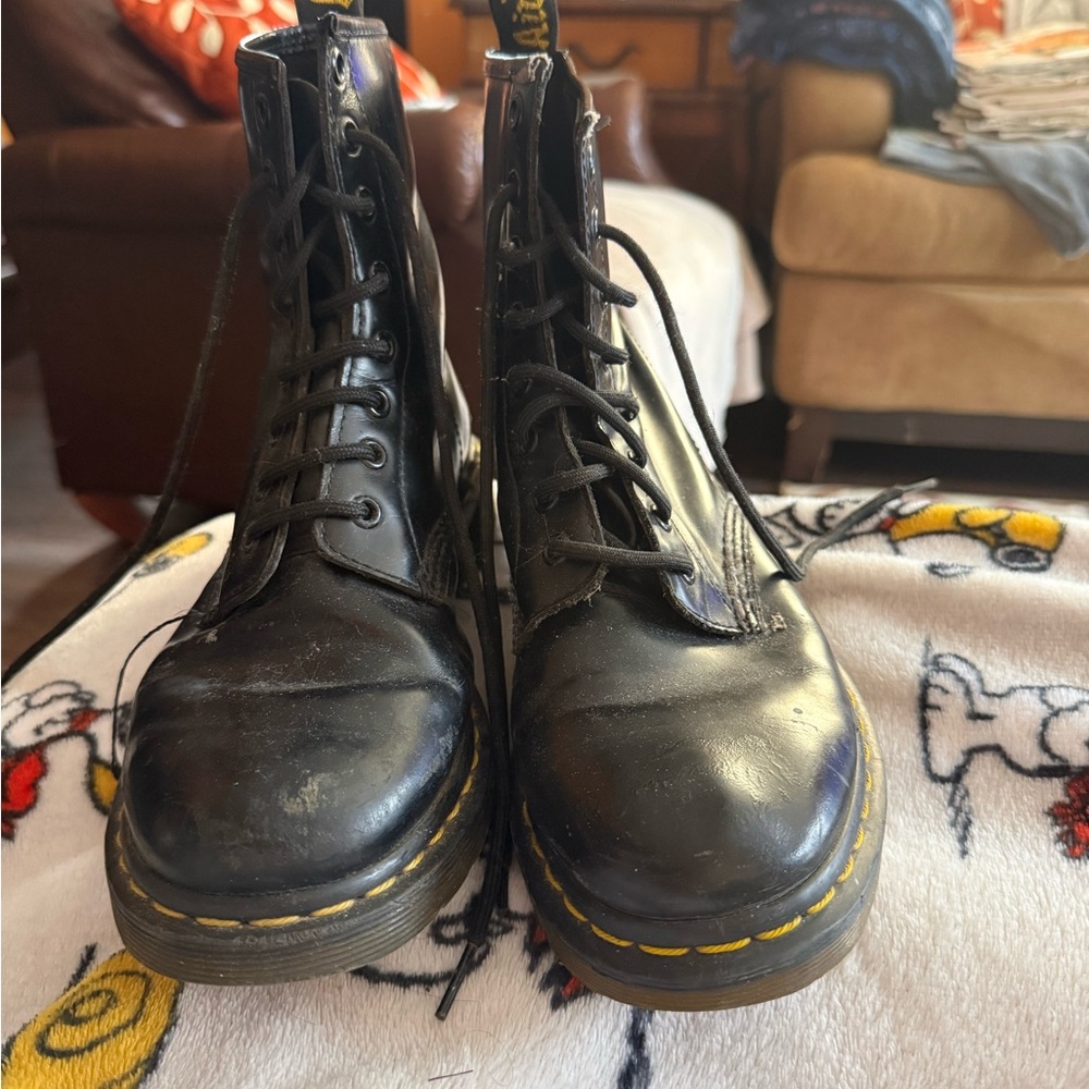 Dr. Martens Black Leather 8-Eye Combat Boots with Yellow Stitching
